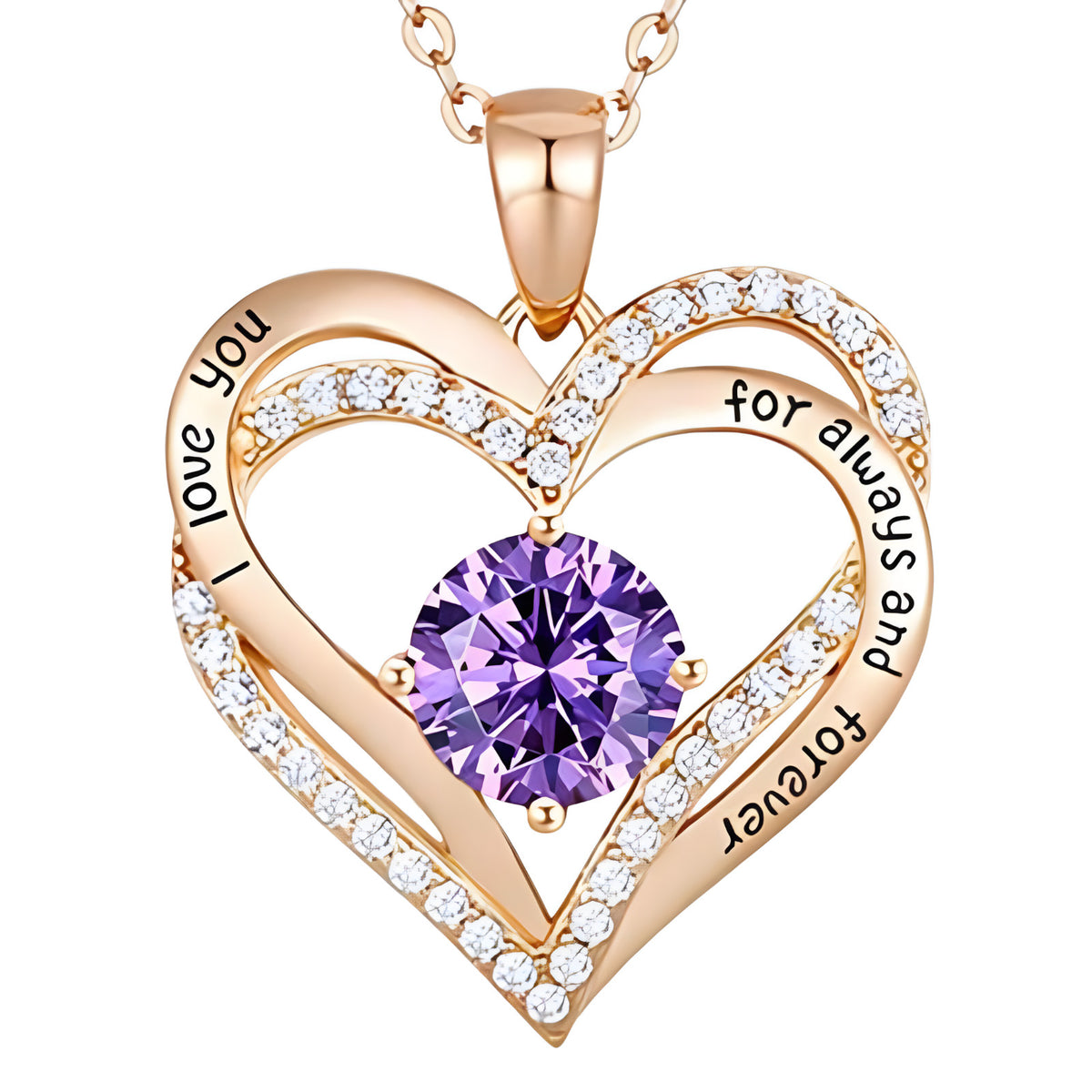 14K Rose Gold-Tone Plated Royal Amethyst Purple Zircon Engraved Love You B279
