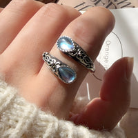 Adjustable Teardrop Blue Moonstone Effect Crystal Wrap Ring, Vintage Floral B349