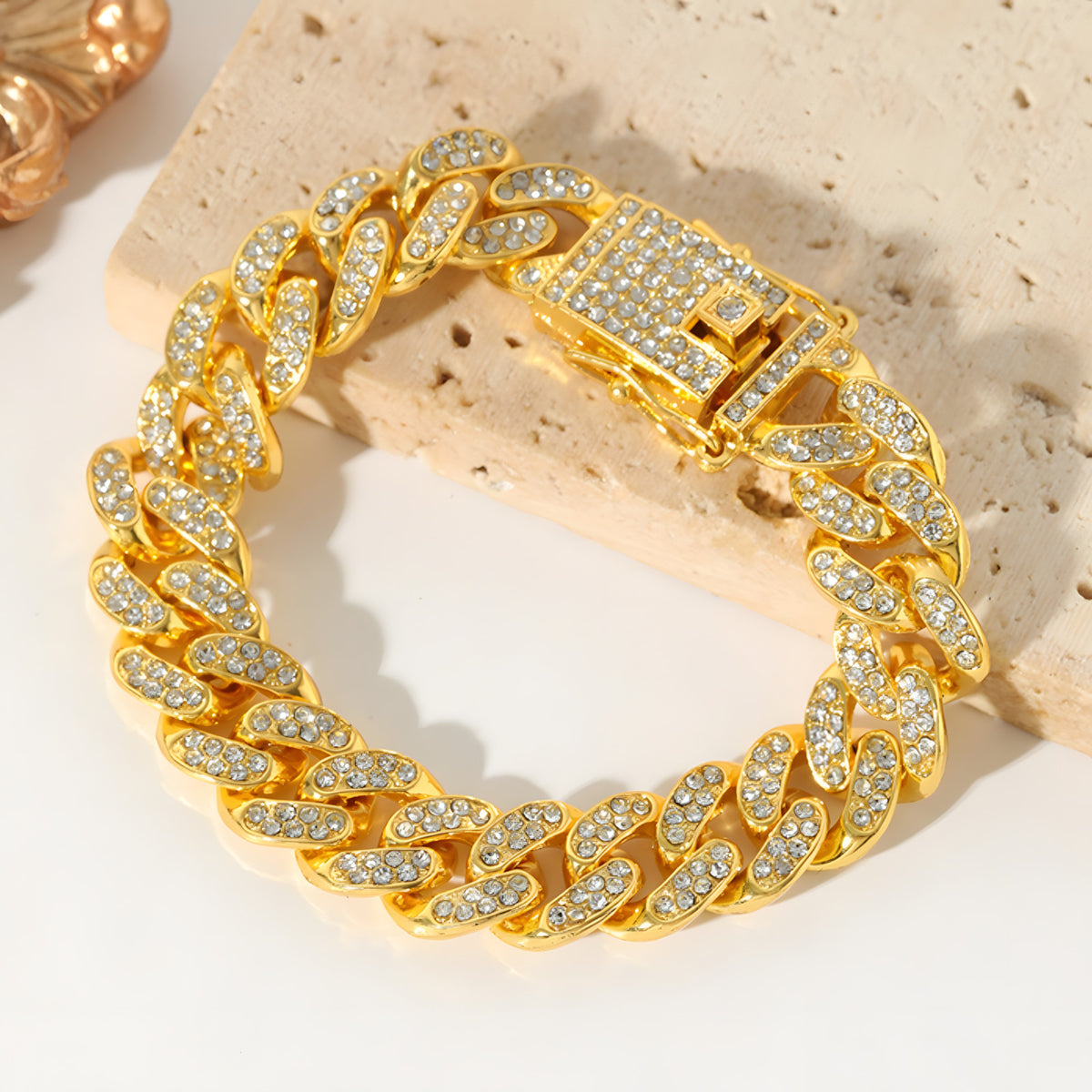Gold Colour Cuban Link Bracelet For Women Men, Clear Rhinestone Pave Curb B329