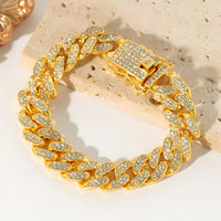Gold Colour Cuban Link Bracelet For Women Men, Clear Rhinestone Pave Curb B329