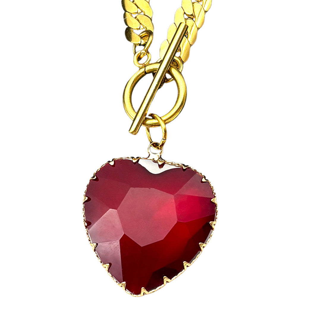 Red Heart Pendant Necklace 40cm Link Chain Toggle Clasp Statement Clavicle 1328