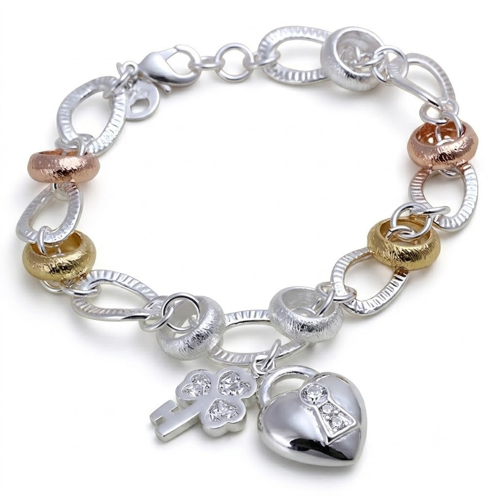 Premium Multicolour Link Charm Bracelet Heart Padlock Key Crystal CharM 1876