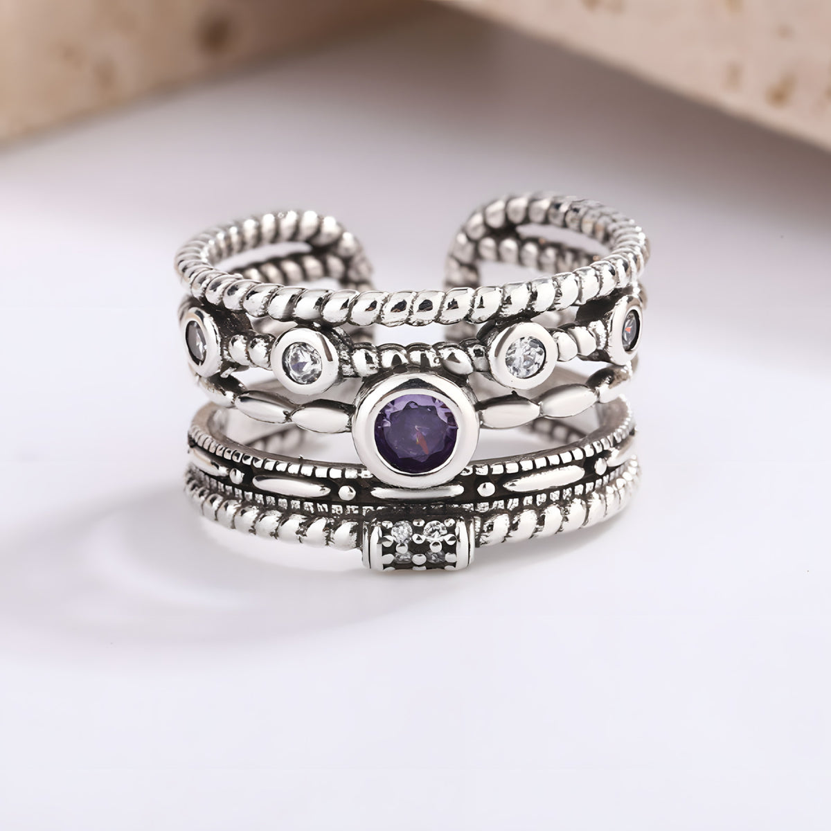 Adjustable Boho Ring For Women, Silver Colour Open Cuff Ring Purple Crystal B346