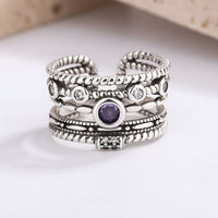 Adjustable Boho Ring For Women, Silver Colour Open Cuff Ring Purple Crystal B346