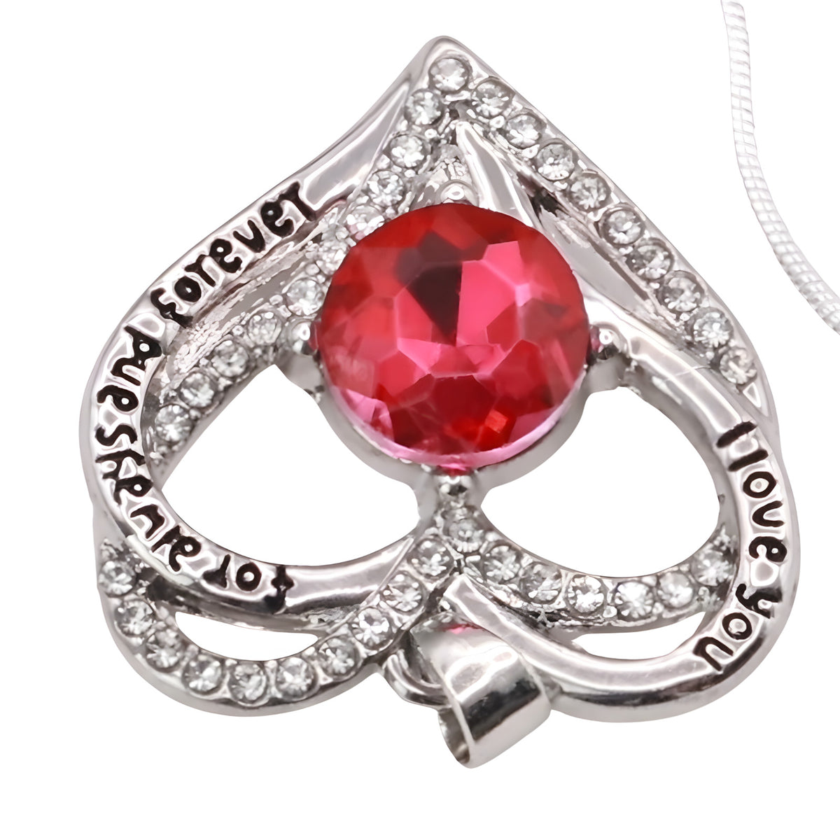 Garnet Ruby Red Zircon Heart Necklace For Women Rhodium-Plated Base Metal B274