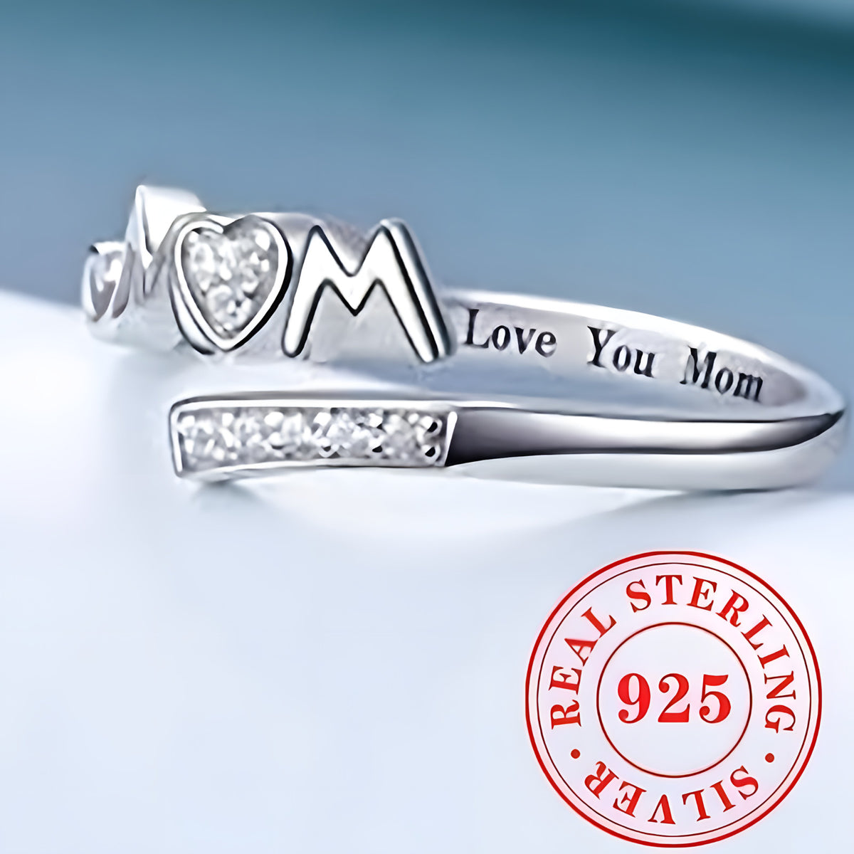 Sterling Silver 925 Adjustable Ring, "I Love You Mom" Jewelry Gift 531