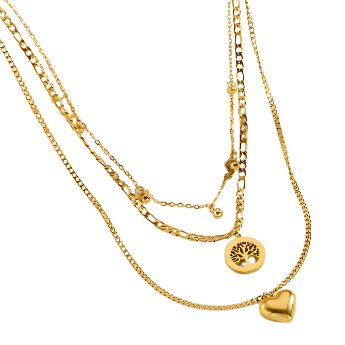 Gold Heart Tree of Life Layered Necklace for Women – Trendy Copper Metal 754