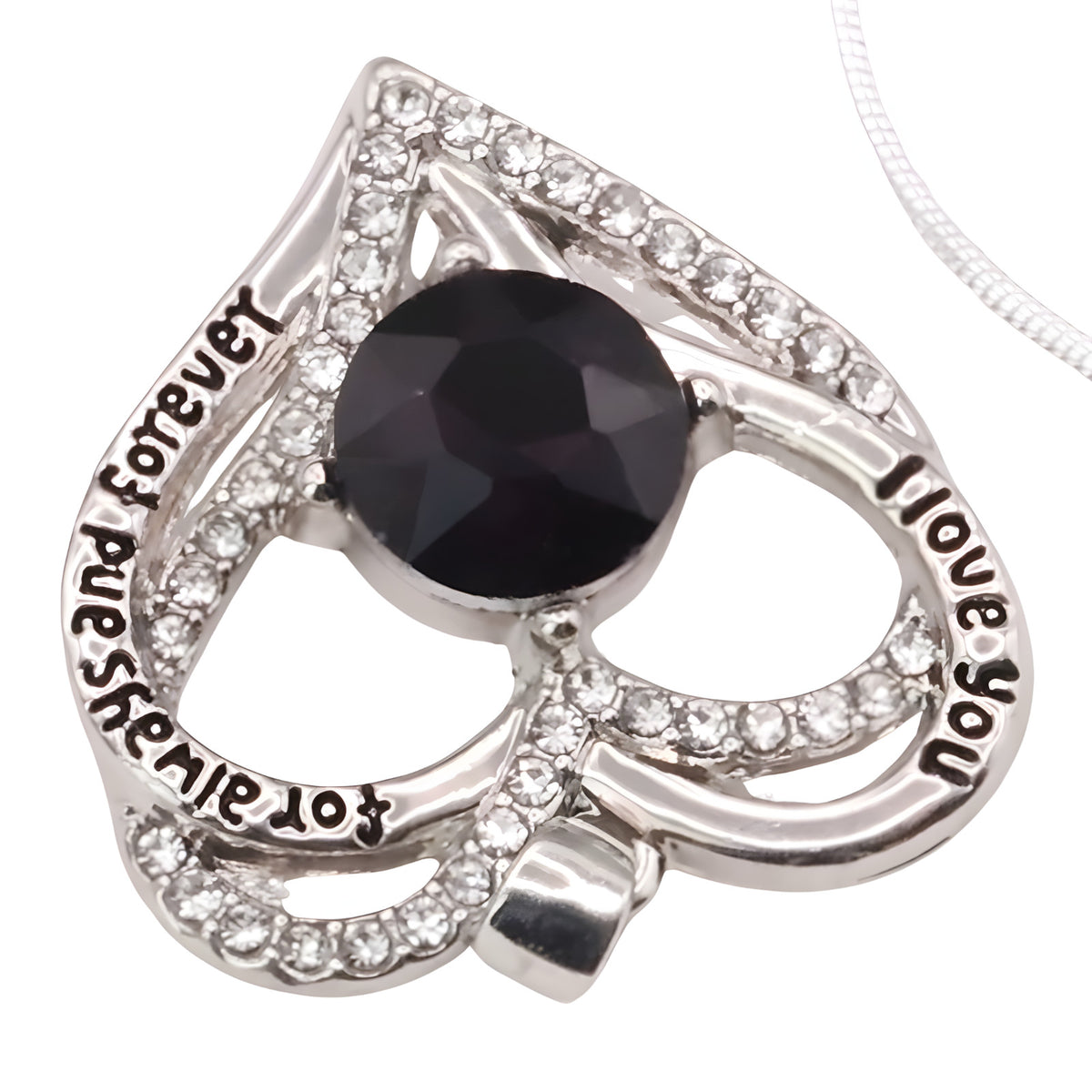 Rhodium-Plated Base Metal Link Chain Royal Purple Stone Engraved Love You B271