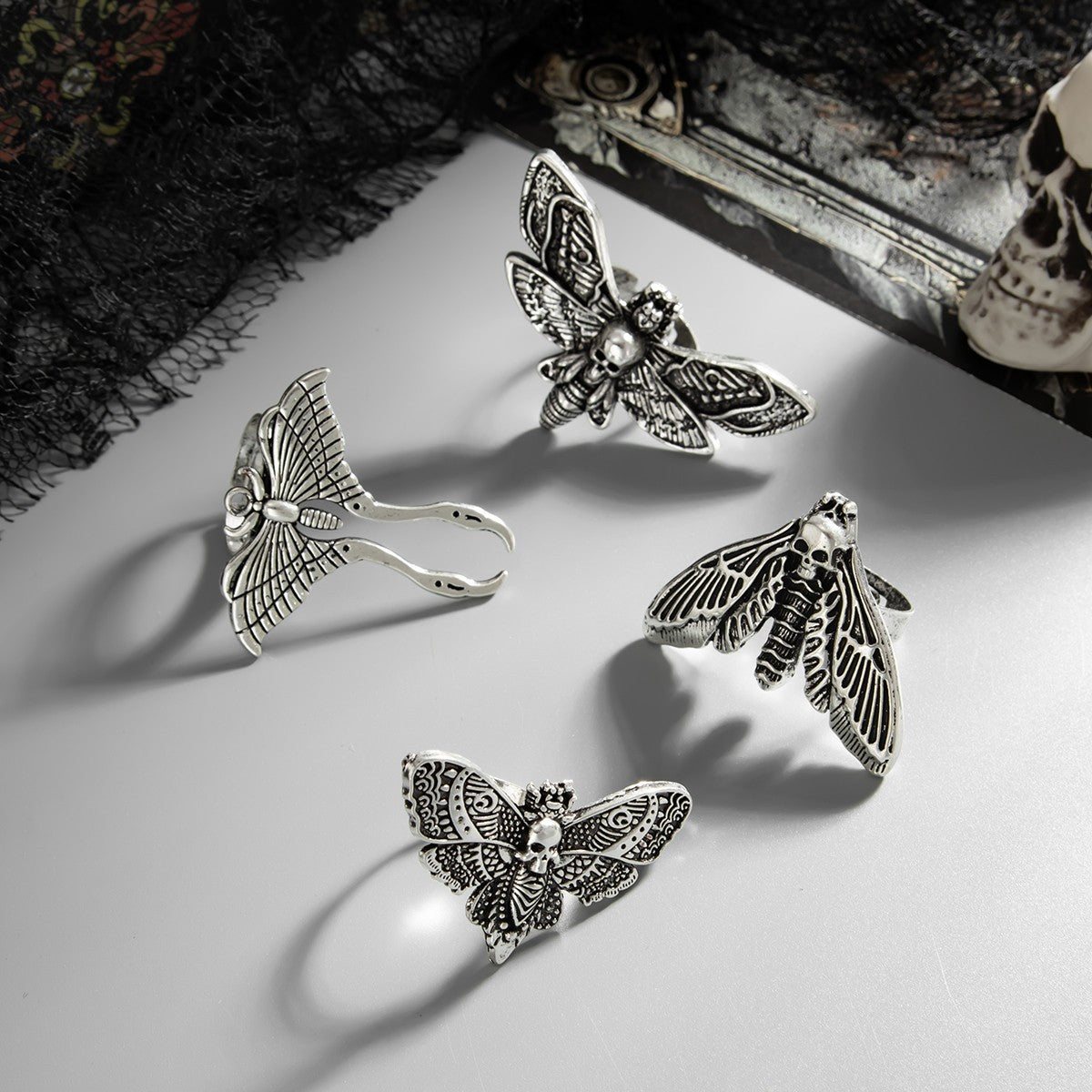 Unified Jewellery Premium 4pc Gothic Moth Skull Adjustable Ring Set 1861