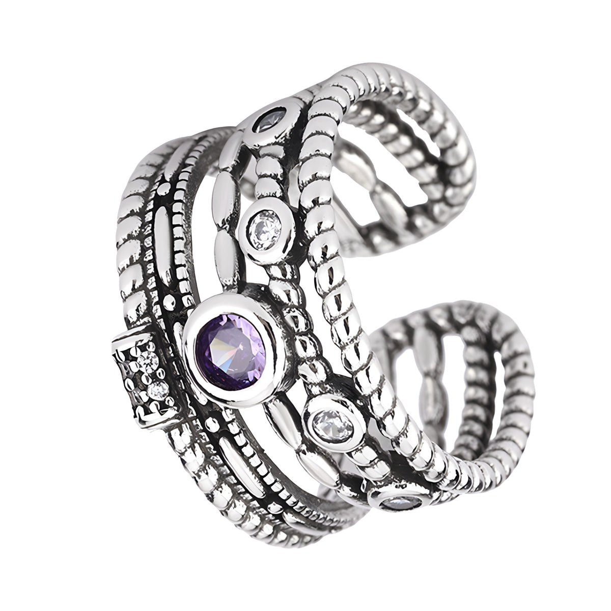Adjustable Boho Ring For Women, Silver Colour Open Cuff Ring Purple Crystal B346