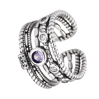 Adjustable Boho Ring For Women, Silver Colour Open Cuff Ring Purple Crystal B346