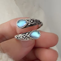 Adjustable Teardrop Blue Moonstone Effect Crystal Wrap Ring, Vintage Floral B349