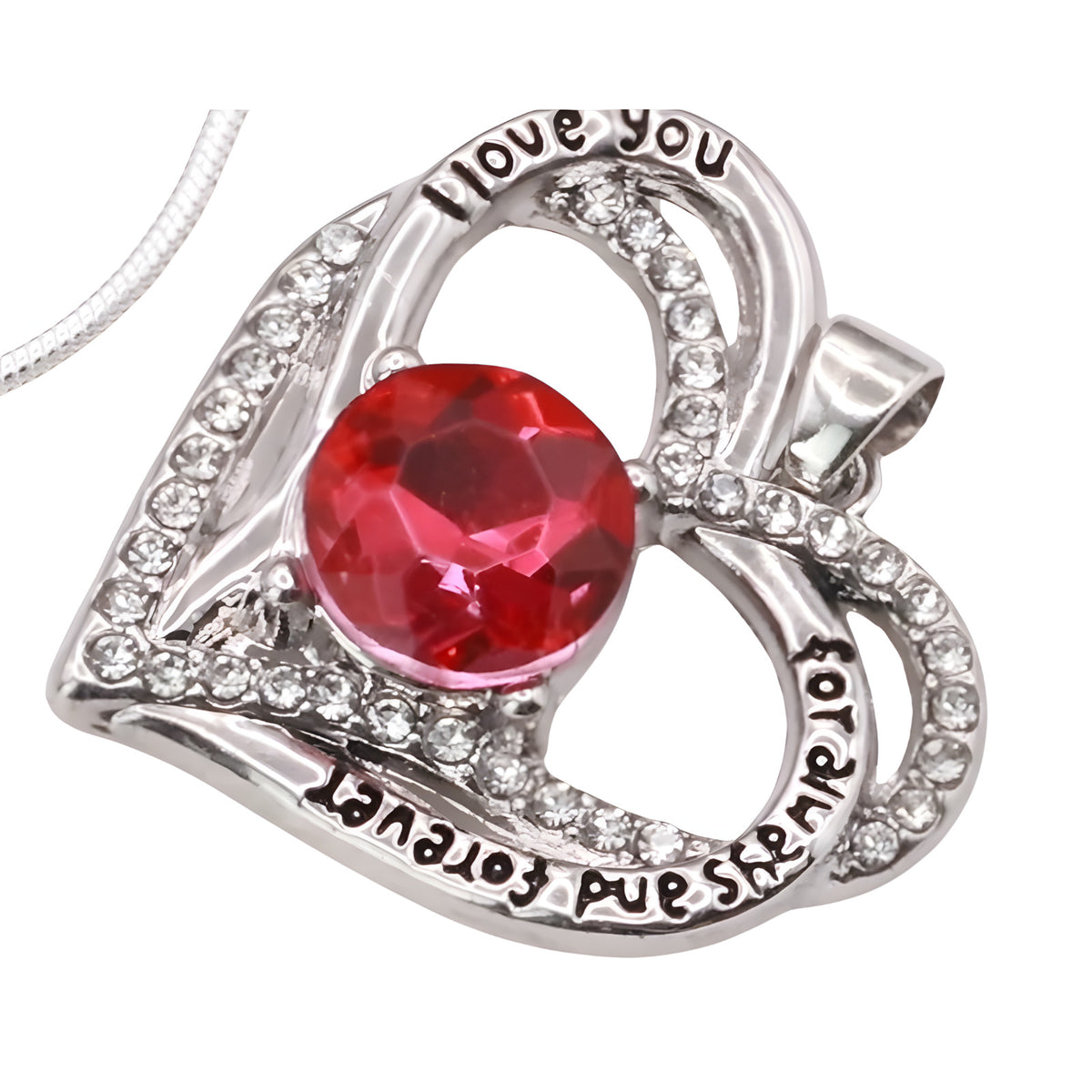 Garnet Ruby Red Zircon Heart Necklace For Women Rhodium-Plated Base Metal B274