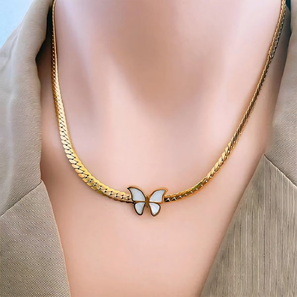 304 Stainless Steel Gold Butterfly Necklace for Women – Elegant White Enamel 756