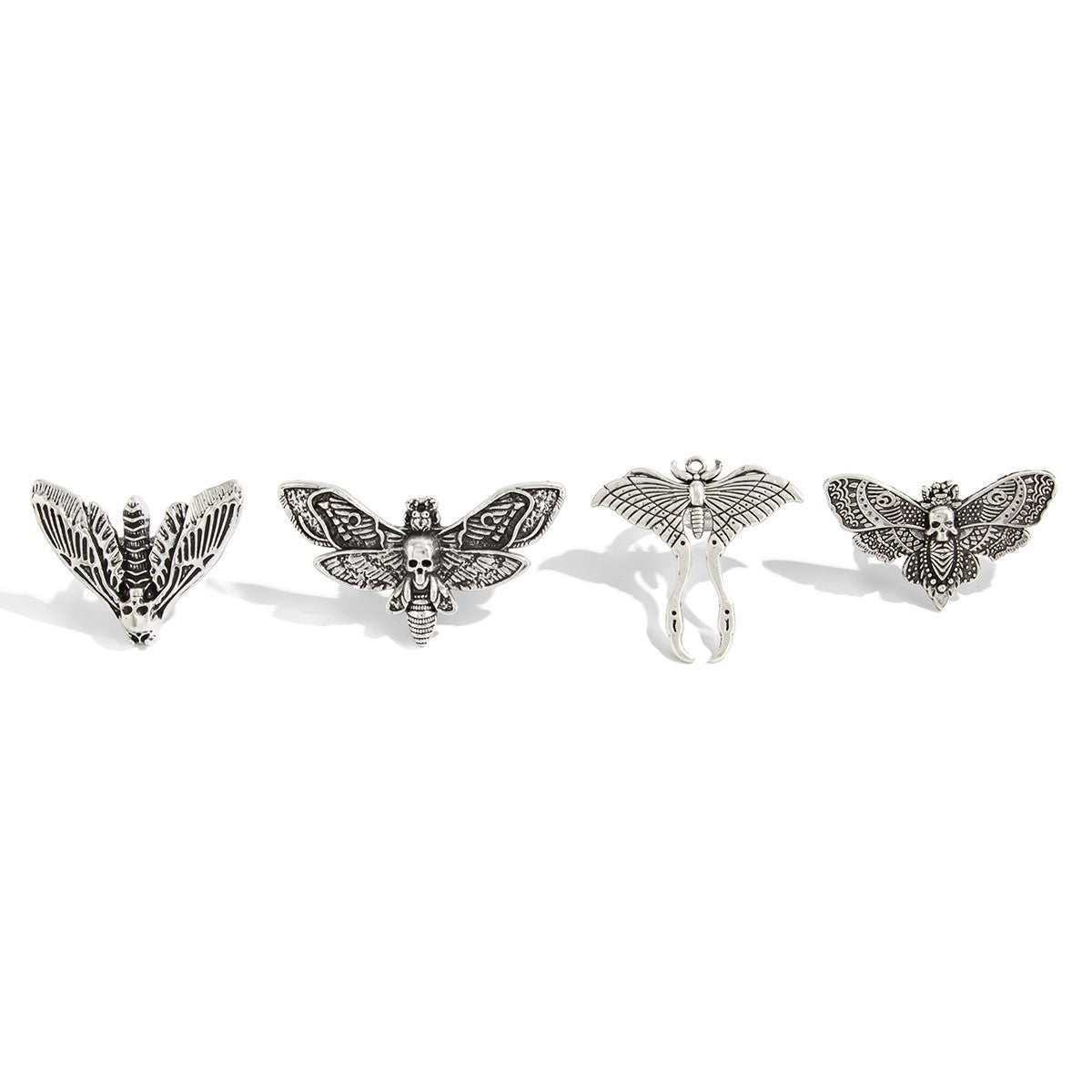 Unified Jewellery Premium 4pc Gothic Moth Skull Adjustable Ring Set 1861