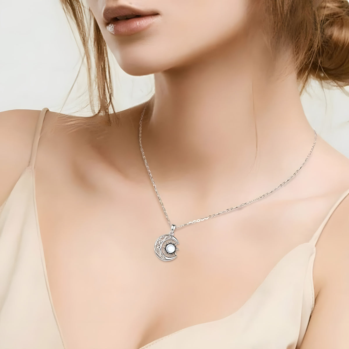 Celtic Crescent Moon Sun Pendant Necklace for Women – Copper Alloy Moon 1094