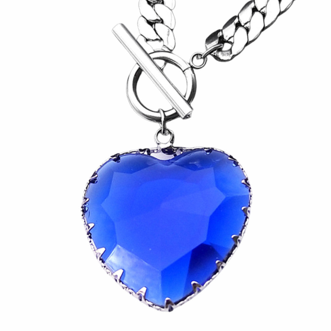 Royal Blue Heart Pendant Necklace 50cm Cuban Link Chain Toggle Clasp 1325
