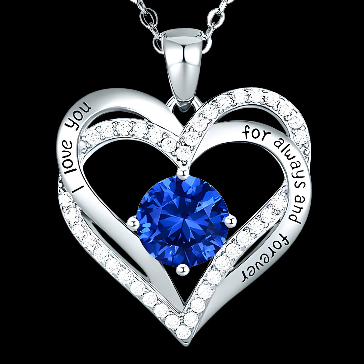 Heart Shaped Sapphire Blue Zircon Necklace For Women Rhodium-Plated Base B273