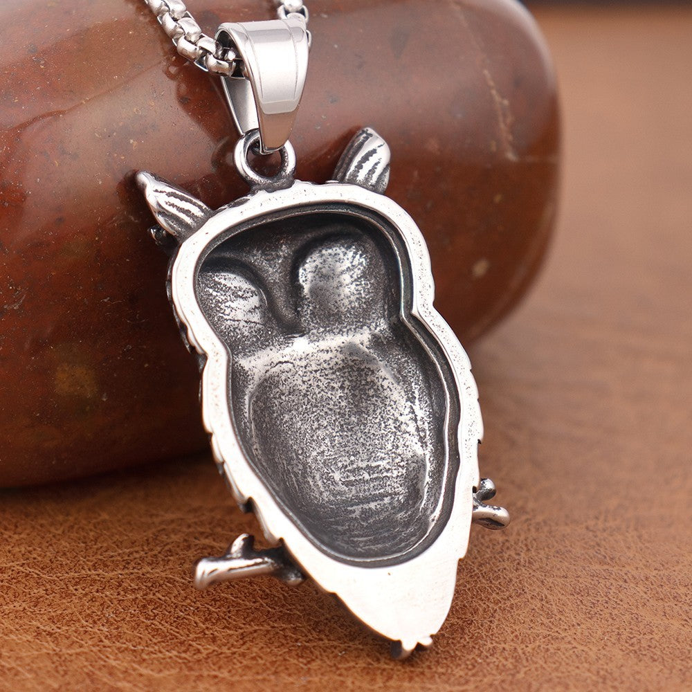 Owl Pendant Necklace with Black Crystal Eyes, 60cm Box Chain, 45mm Nordic 1879
