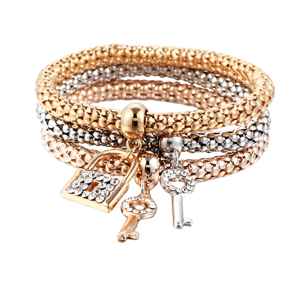 3-Piece Lock & Key Charm Bracelets for Women Trendy Popcorn Chain Multi-Tone 760