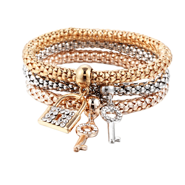 3-Piece Lock & Key Charm Bracelets for Women Trendy Popcorn Chain Multi-Tone 760