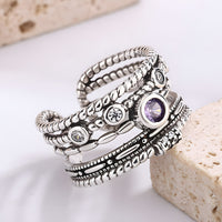 Adjustable Boho Ring For Women, Silver Colour Open Cuff Ring Purple Crystal B346