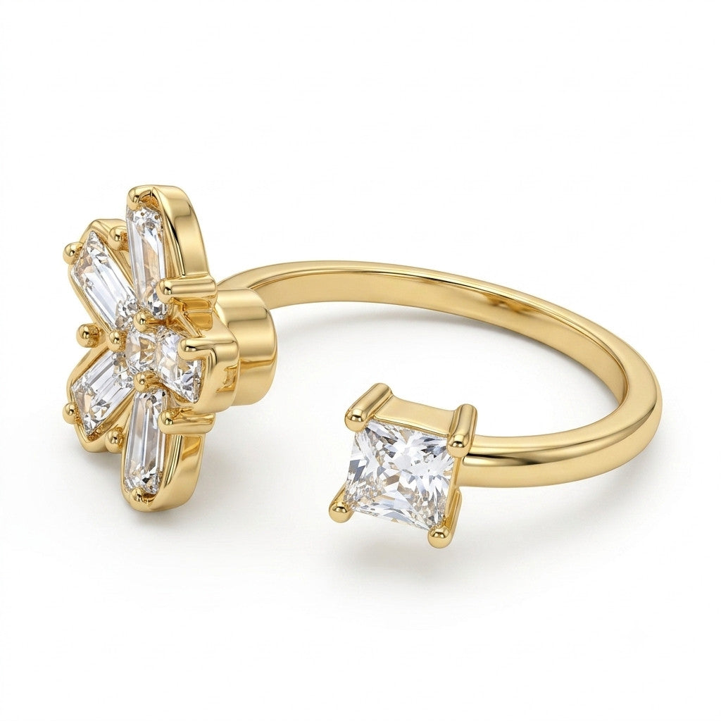 Gold Plated Rotatable Zircon Flower Star Spinner Ring Adjustable Fidget 1523