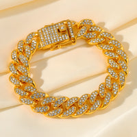 Gold Colour Cuban Link Bracelet For Women Men, Clear Rhinestone Pave Curb B329