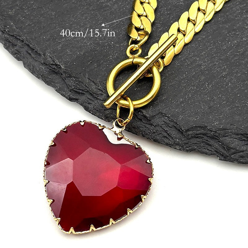 Red Heart Pendant Necklace 40cm Link Chain Toggle Clasp Statement Clavicle 1328
