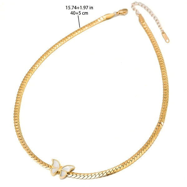 304 Stainless Steel Gold Butterfly Necklace for Women – Elegant White Enamel 756