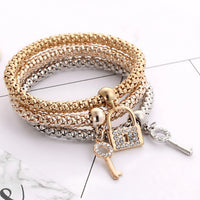 3-Piece Lock & Key Charm Bracelets for Women Trendy Popcorn Chain Multi-Tone 760