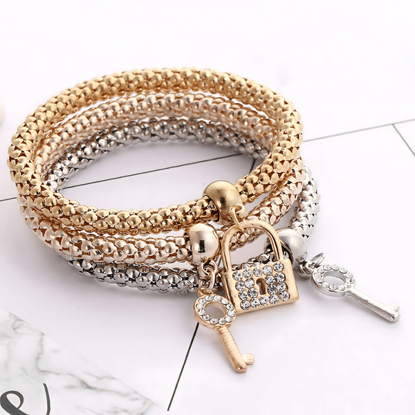 3-Piece Lock & Key Charm Bracelets for Women Trendy Popcorn Chain Multi-Tone 760