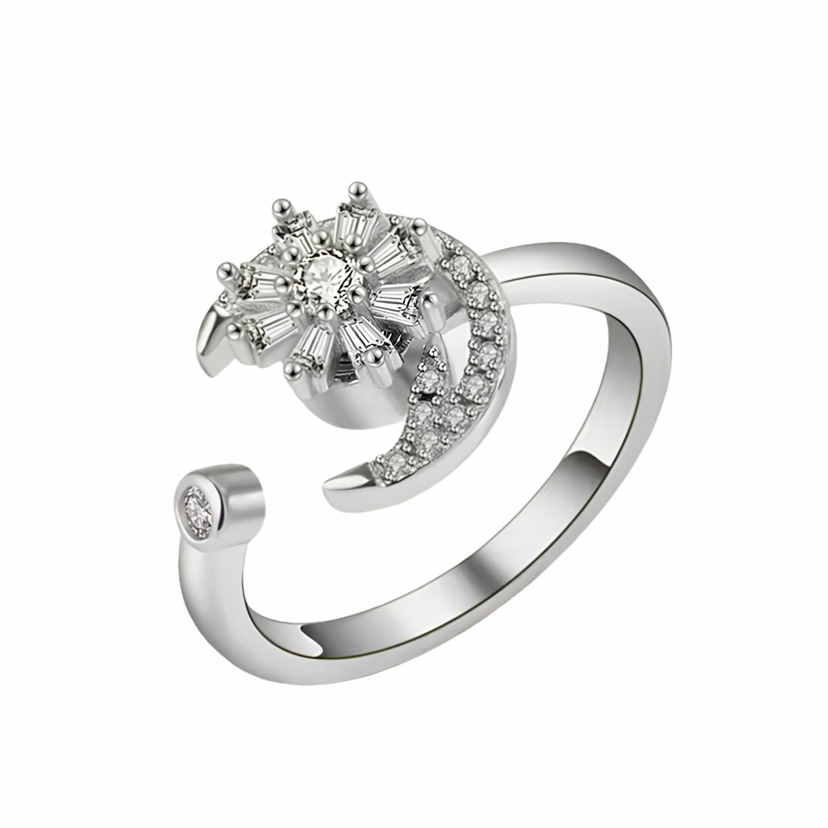 Crescent Moon Star Ring For Women Silver Plated Open Adjustable Rotatable B342