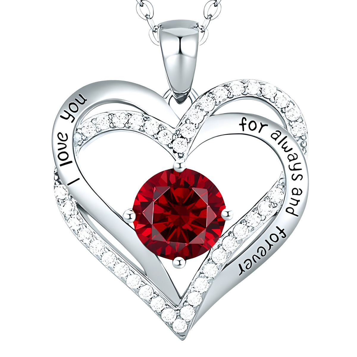 Garnet Ruby Red Zircon Heart Necklace For Women Rhodium-Plated Base Metal B274