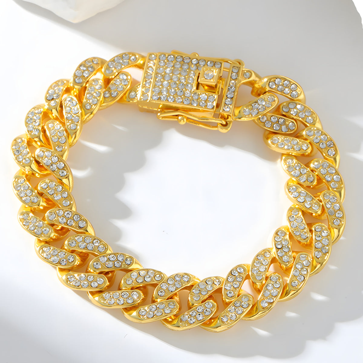 Gold Colour Cuban Link Bracelet For Women Men, Clear Rhinestone Pave Curb B329