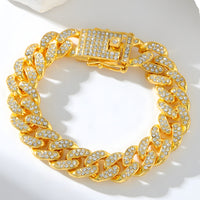 Gold Colour Cuban Link Bracelet For Women Men, Clear Rhinestone Pave Curb B329