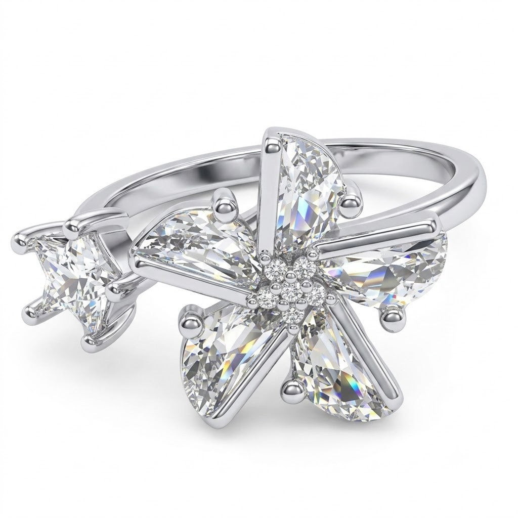 Deluxe Sparkling Four Leaf Clover Spinner Ring Rotating Zirconia Adjustable 1524
