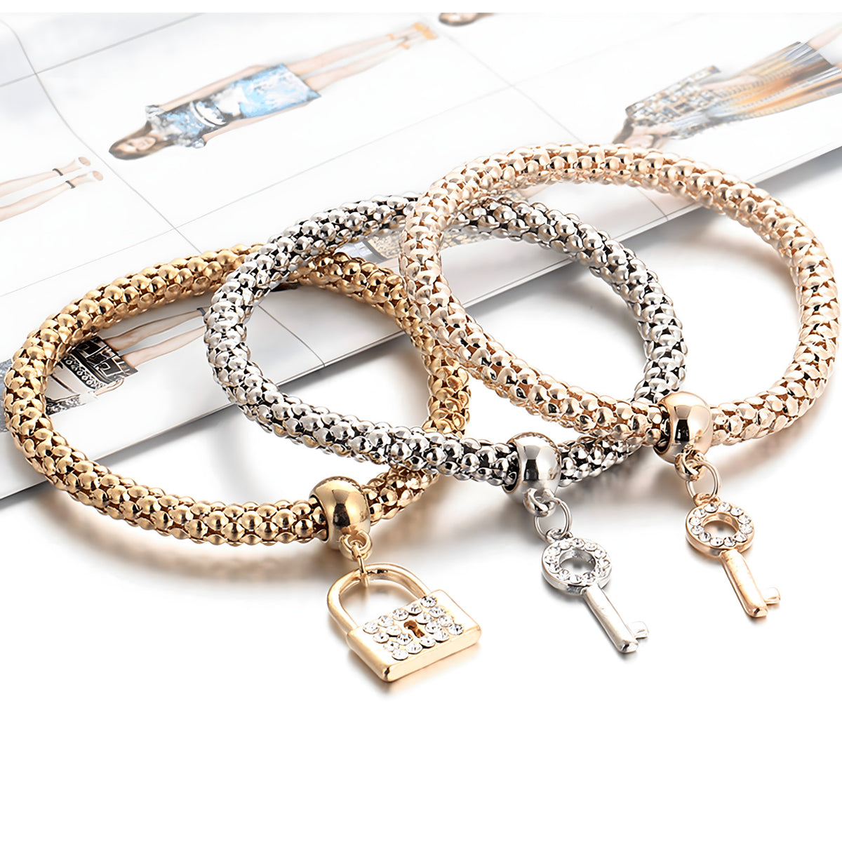 3-Piece Lock & Key Charm Bracelets for Women Trendy Popcorn Chain Multi-Tone 760