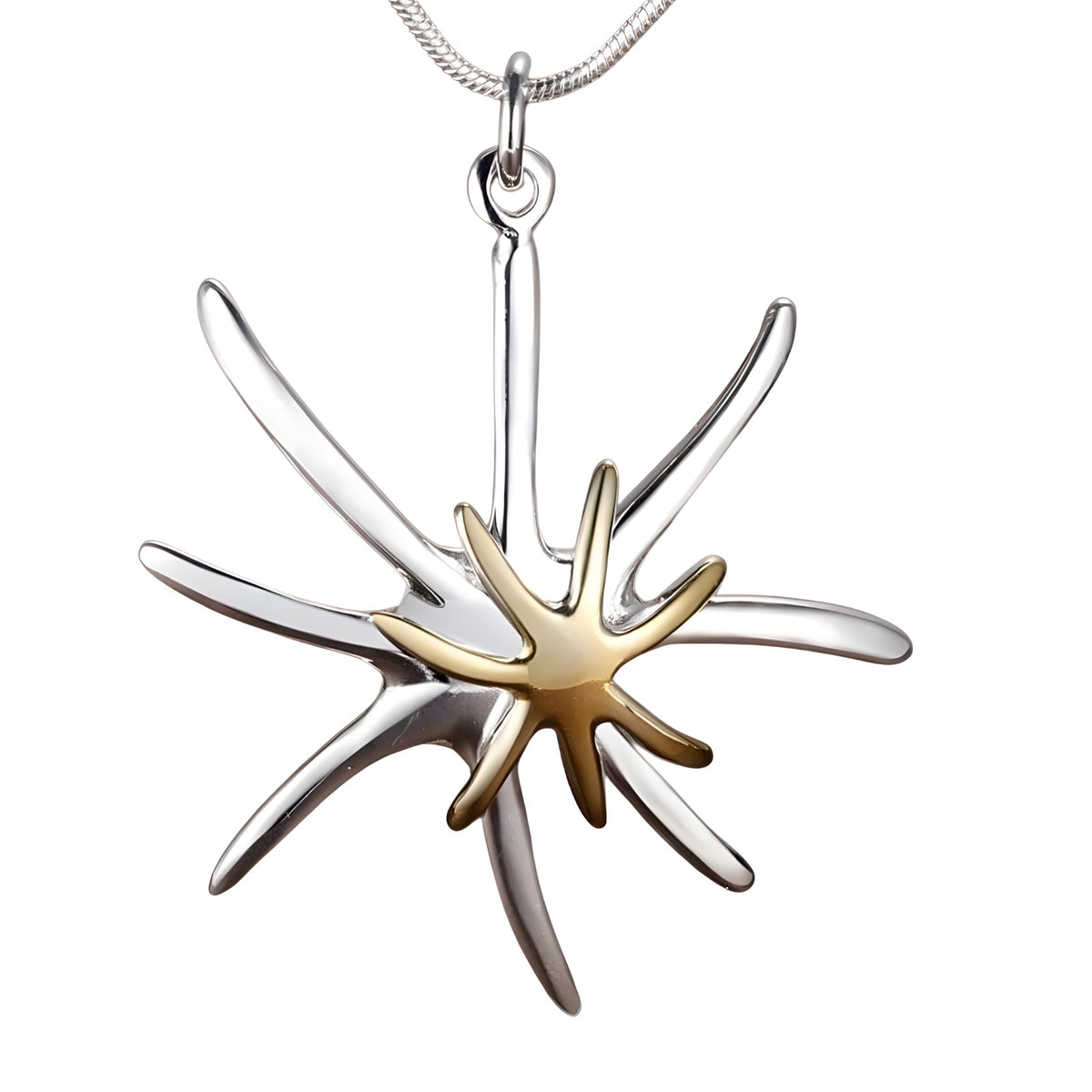 Two Tone Starburst Pendant Necklace with Silver Tone Snake Chain, Abstract 1878