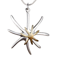Two Tone Starburst Pendant Necklace with Silver Tone Snake Chain, Abstract 1878