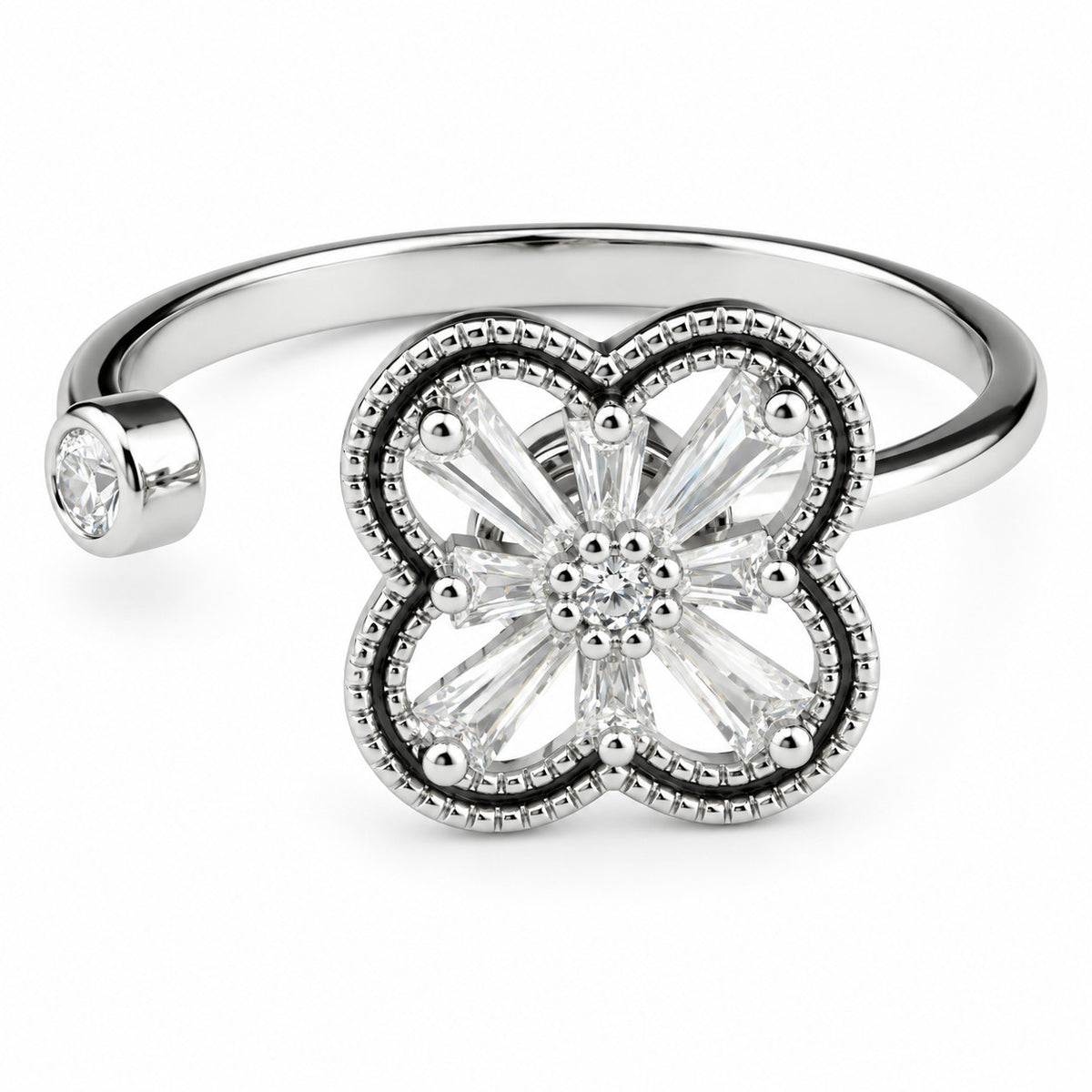 Adjustable Open Fidget Ring Anxiety Relief Clover Flower Baguette Zircon 1534
