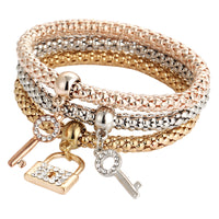 3-Piece Lock & Key Charm Bracelets for Women Trendy Popcorn Chain Multi-Tone 760