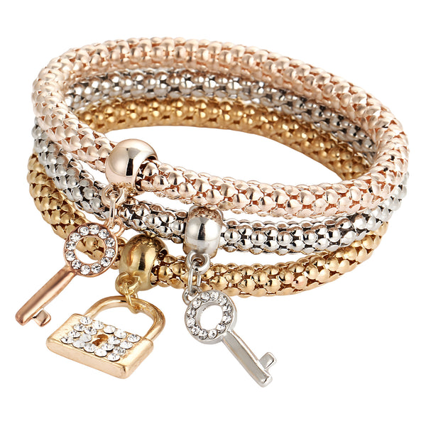 3-Piece Lock & Key Charm Bracelets for Women Trendy Popcorn Chain Multi-Tone 760