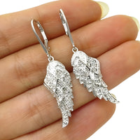 Angel Wing Dangle Earrings Sparkling Cubic Zirconia Crystals, Silver Plated 557